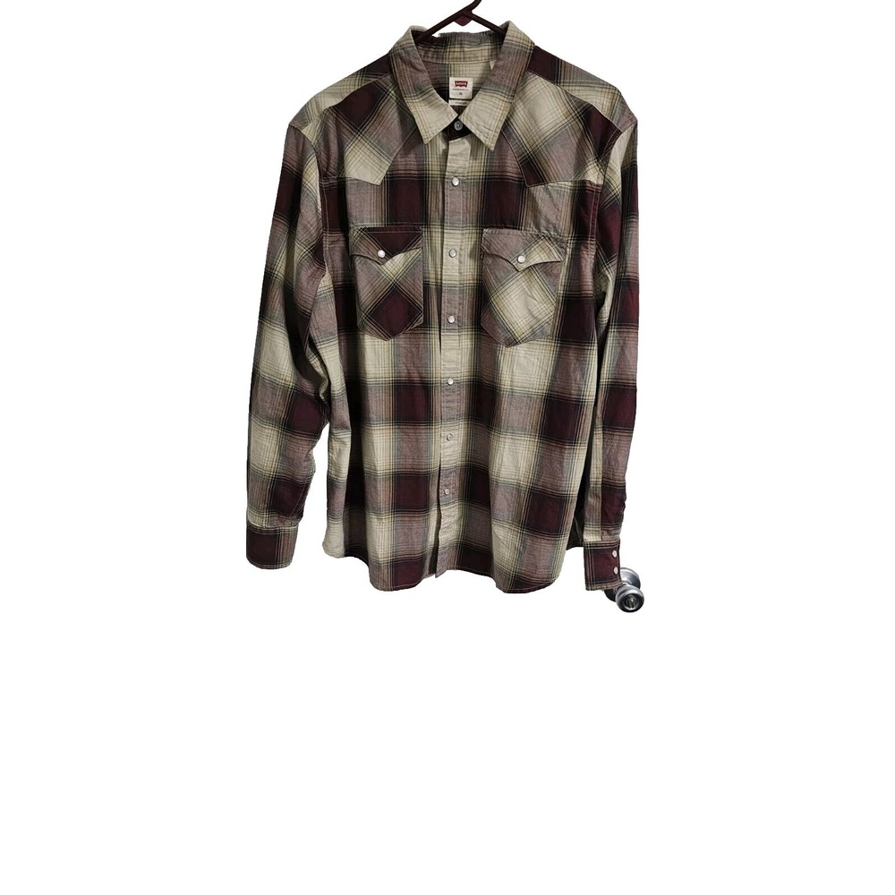 Levis Mens Shirt Extra Large Maroon Plaid Standard Fit Western Cowboy Pearl Snap